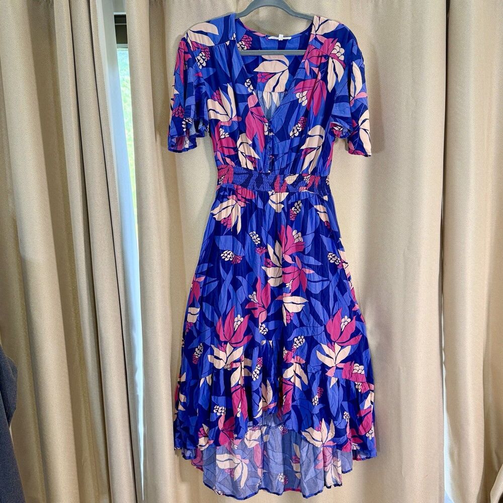 Abel the Label Santa Cruz Floral Midi Dress Multi L Flutter Tropical Vacation